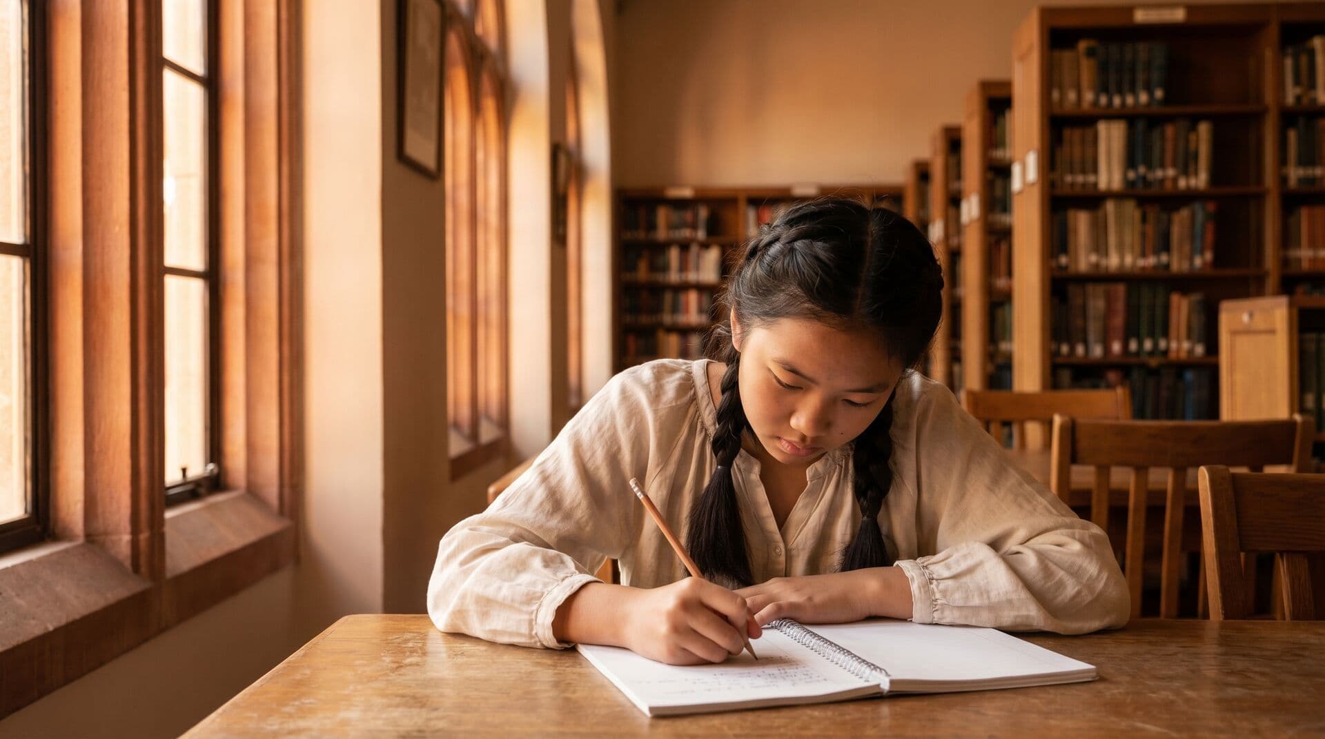 A student writing in a notebook in a quiet library setting