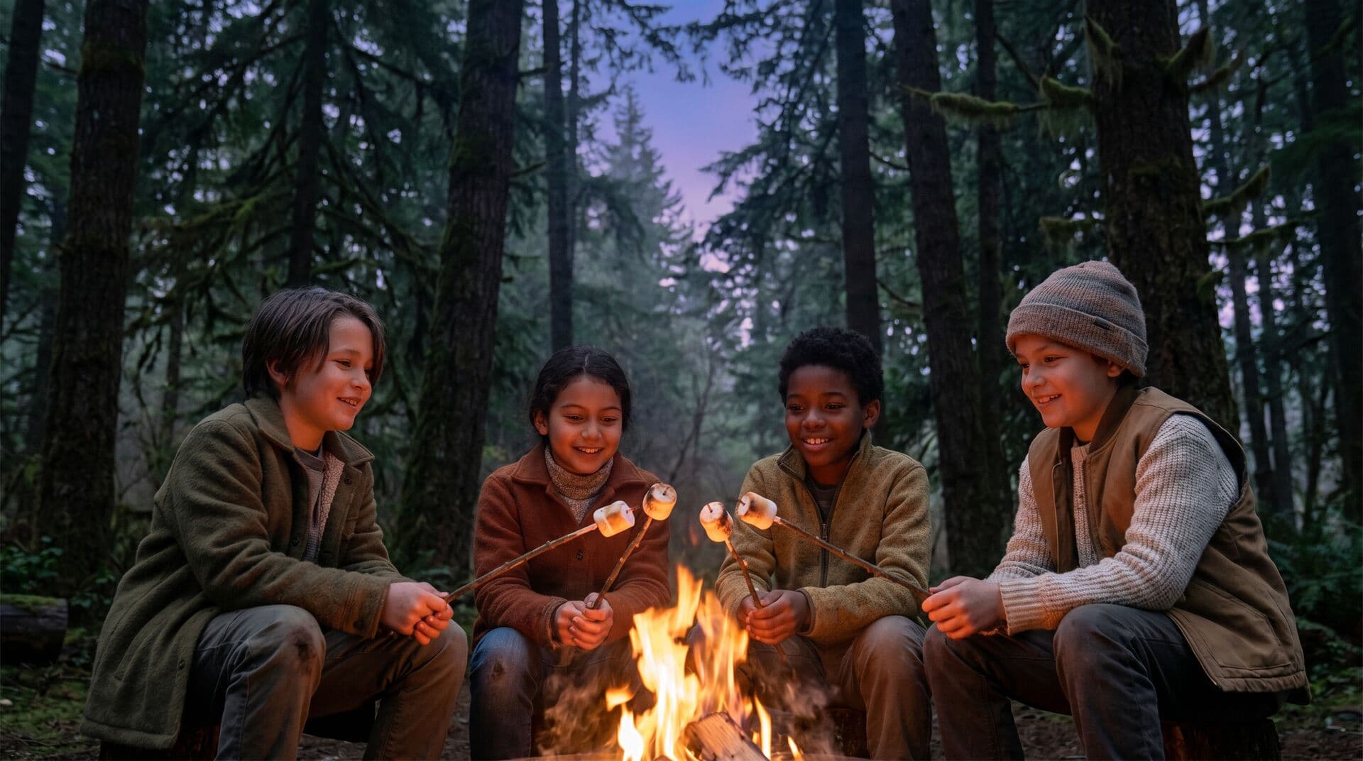 Camp Fire Columbia campsite with kids gathered around an outdoor fire ring