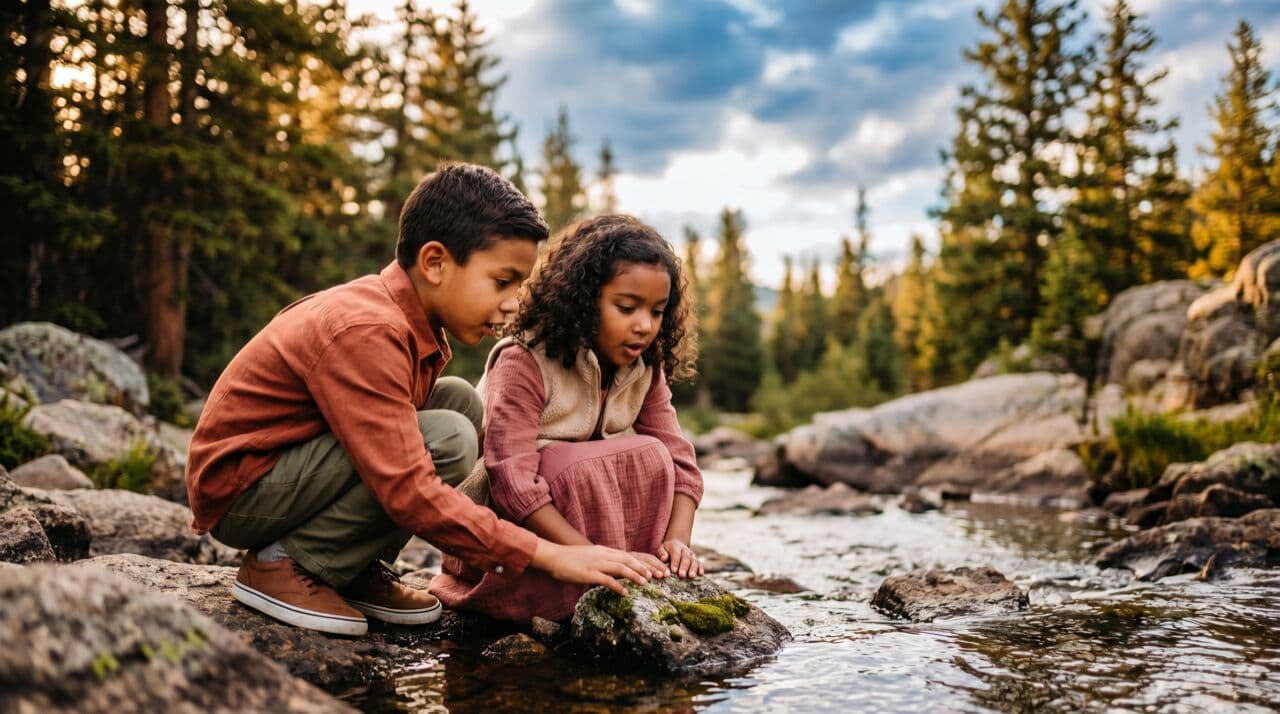 Two children examining a mountain stream in Colorado foothills with pine trees and blue sky