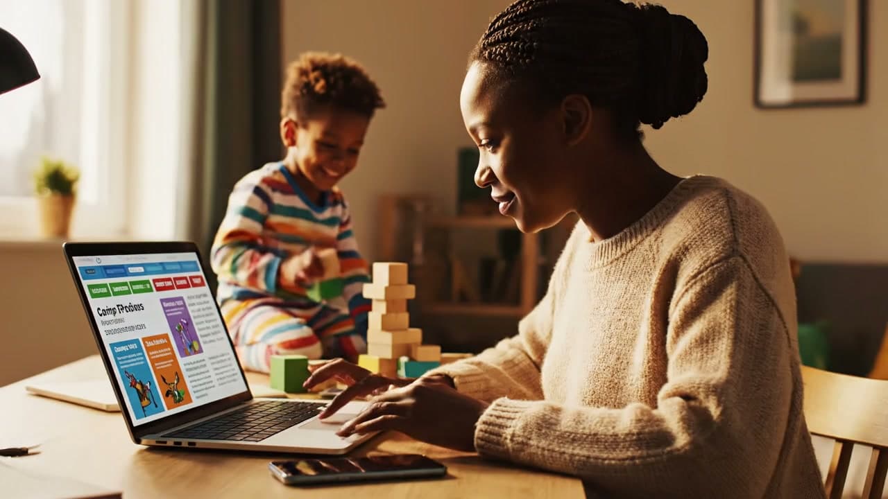 Parent and child comparing Denver summer camp options together