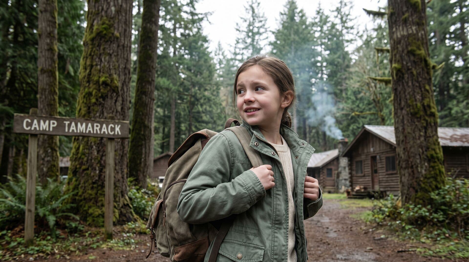 Child with packed sleeping bag and backpack ready for first overnight camp