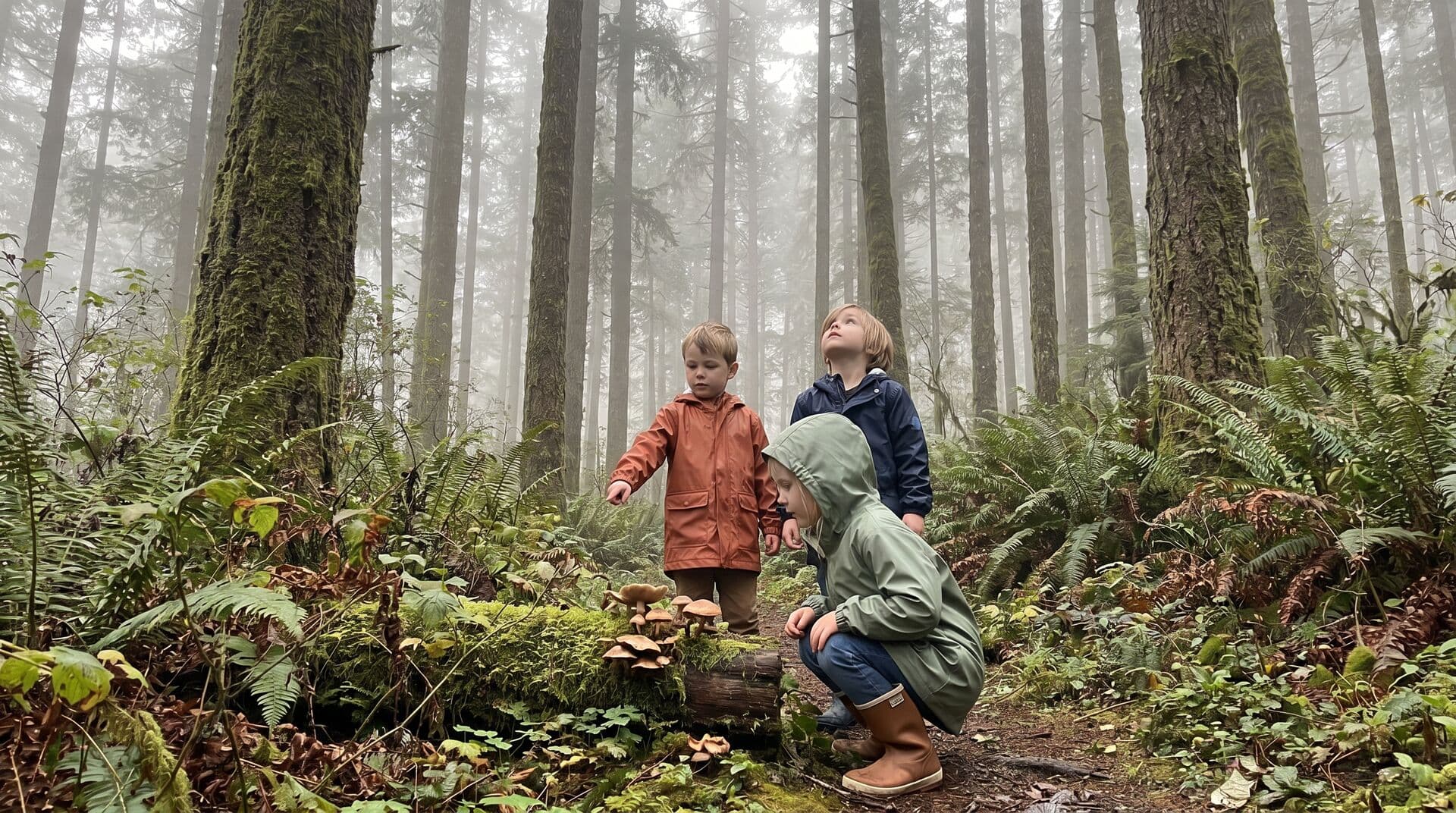 Children exploring a Pacific Northwest forest trail at outdoor nature camp