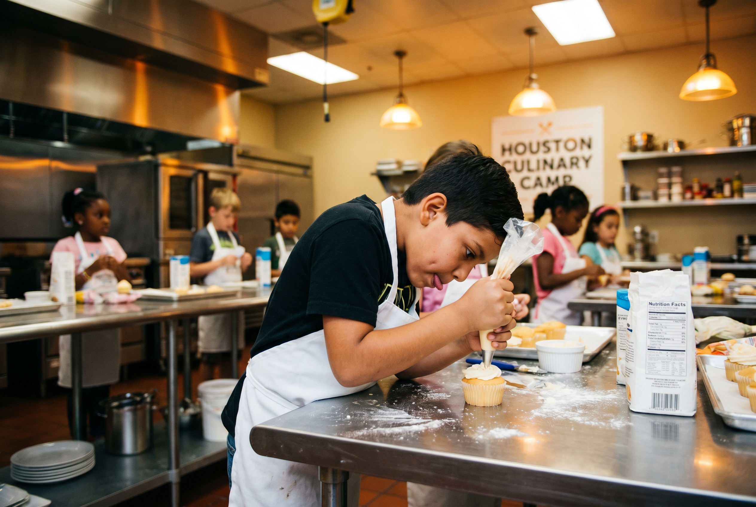 Kids at a culinary camp learning to cook